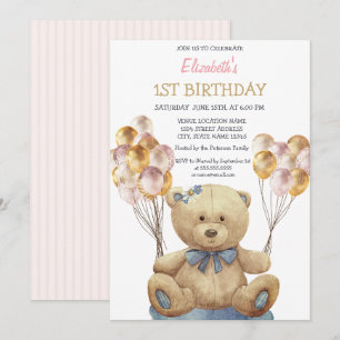 Adorable Teddy Bear Balloons Striped Birthday Invitation