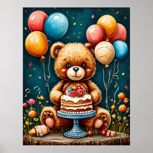 Adorable Teddy Bear Birthday Celebration With Cake Poster