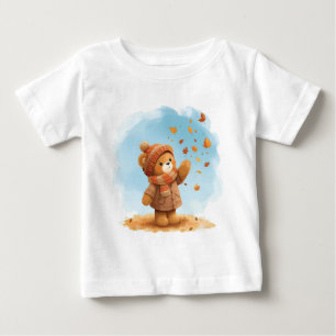 Adorable Teddy Bear Catching Autumn Leaves Baby T-Shirt
