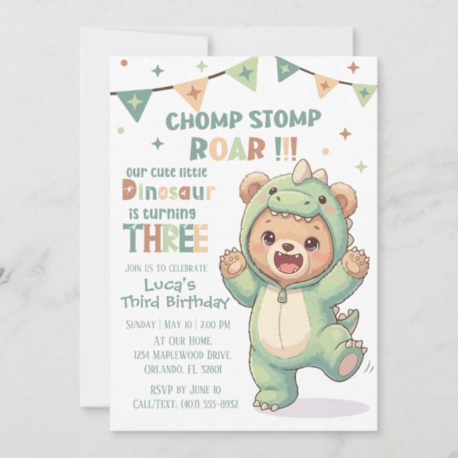 Adorable Teddy Bear Dino | Third Dinosaur Birthday Invitation (Front)