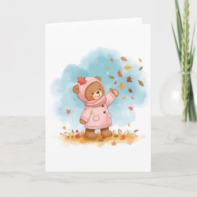 Adorable Teddy Bear Girl Catching Autumn Leaves Card (Front)