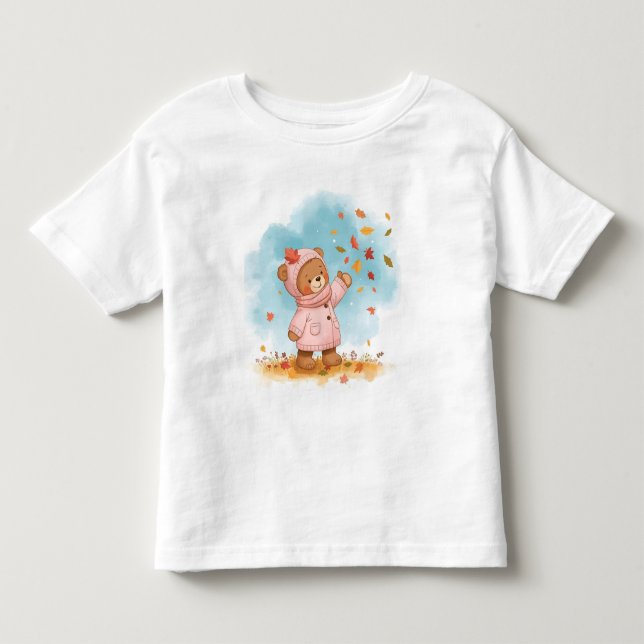 Adorable Teddy Bear Girl Catching Autumn Leaves Toddler T-Shirt (Front)