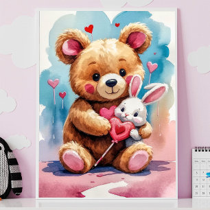 Adorable Teddy Bear Hugging Bunny with Hearts Poster