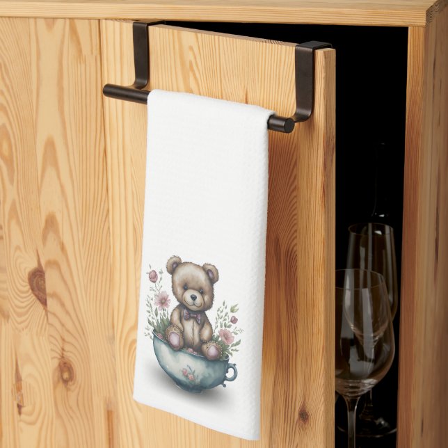 Adorable Teddy Bear in a Teacup with Flowers  Tea Towel (Thirds Fold)