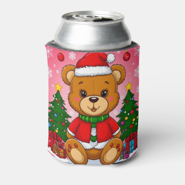 Adorable Teddy Bear in Santa Suit Can Cooler (Can Back)