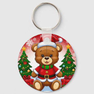 Adorable Teddy Bear in Santa Suit Key Ring