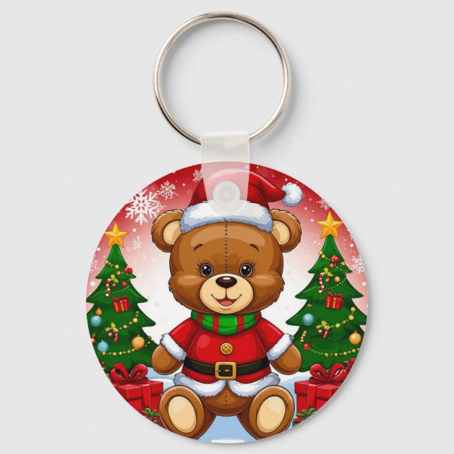 Adorable Teddy Bear in Santa Suit Key Ring (Front)