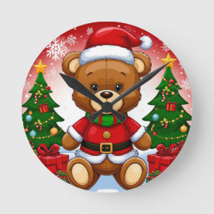 Adorable Teddy Bear in Santa Suit Round Clock
