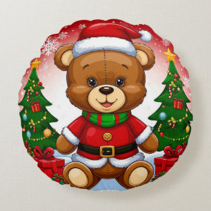 Adorable Teddy Bear in Santa Suit Round Cushion