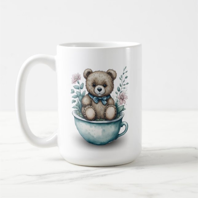 Adorable Teddy Bear in Teacup with Flowers Coffee Mug (Left)