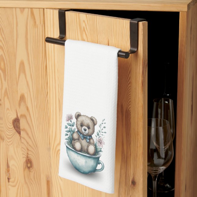 Adorable Teddy Bear in Teacup with Flowers Tea Towel (Thirds Fold)