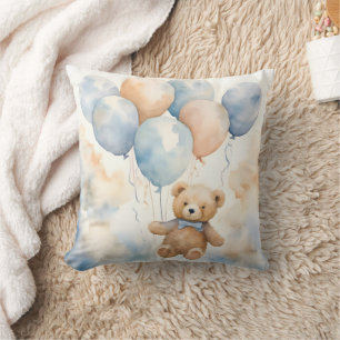 Adorable Teddy Bear with Balloons Watercolor  Cushion