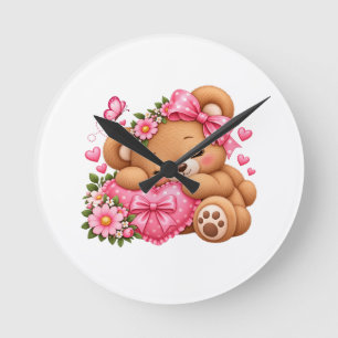 Adorable Teddy Bear with Pink Bow & Hearts Cute Round Clock