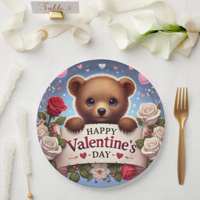 Adorable Teddy Bear with Roses Paper Plate (Wedding)