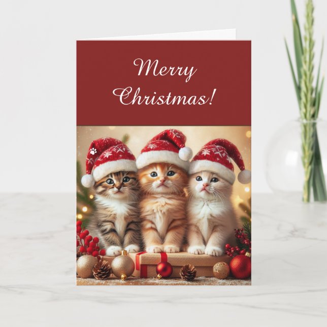 Adorable Three Cute Kittens in Santa Hats Pet Love Holiday Card (Front)