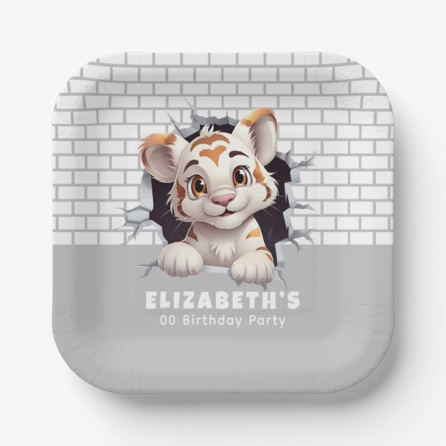 Adorable Tiger Cub Peeking Out Light Gray Party Paper Plate (Front)