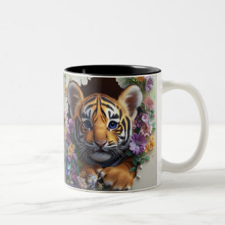 Adorable Tiger Cub Peeking Through Colourful Flora Two-Tone Coffee Mug