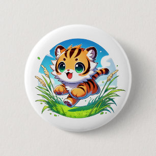 Adorable tiger cub running through a field 6 cm round badge
