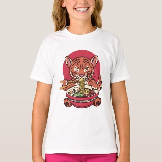 Adorable Tiger Eating Ramen T-Shirt (Front)