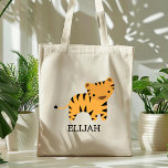 Adorable Tiger Kids' Personalised Tote Bag<br><div class="desc">This kids' tote bag for animal lovers features a cute illustration of a tiger. Personalise it with your child's name in black letters. Makes a great book bag for boys or girls!</div>
