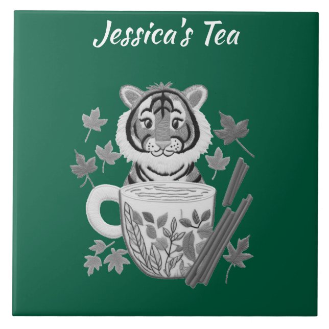 Adorable Tiger with Herbal Tea. Personalise Tile (Front)