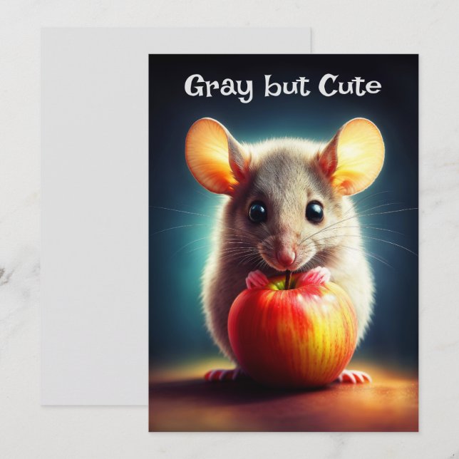 Adorable tiny rodent holding red apple close invitation (Front/Back)
