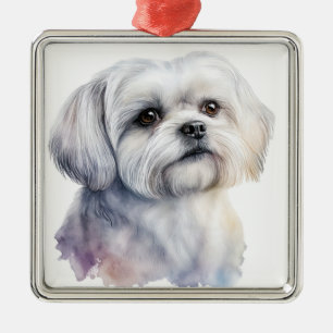 ADORABLE TINY WHITE MALTESE PUPPY DOG METAL TREE DECORATION