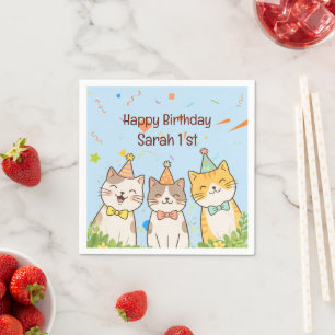 Adorable Trio of Birthday Cats   Custom Name & Age Napkin