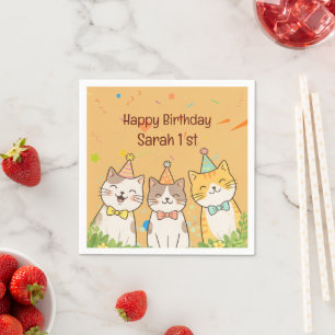 Adorable Trio of Birthday Cats Custom Name & Age Napkin