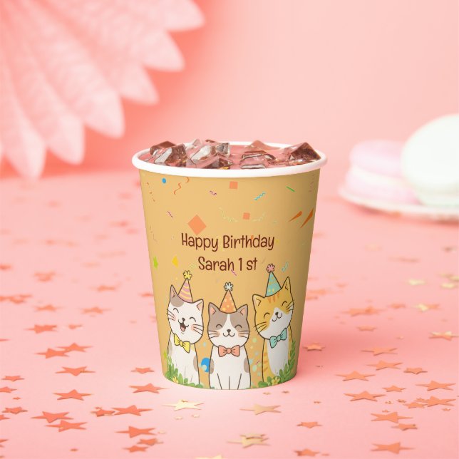 Adorable Trio of Birthday Cats | Custom Name & Age Paper Cups (Insitu)