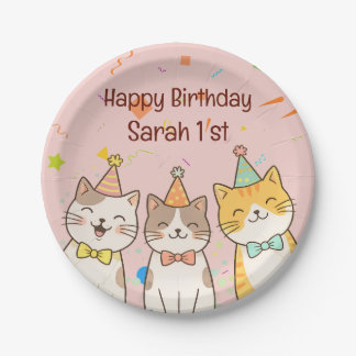 Adorable Trio of Birthday Cats | Custom Name & Age Paper Plate