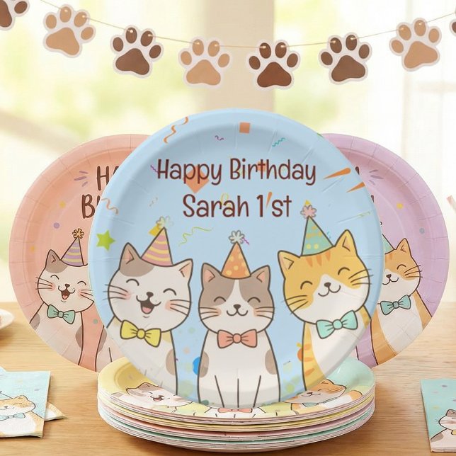 Adorable Trio of Birthday Cats | Custom Name & Age Paper Plate (Creator Uploaded)