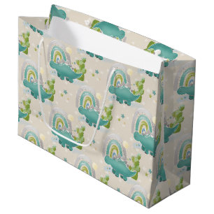 ADORABLE TURQUOISE DINOSAURS & RAINBOWS LARGE GIFT BAG