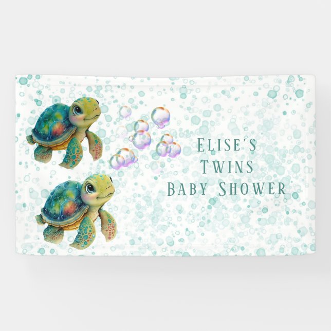 Adorable Turtle and Bubbles Baby Shower Twins Banner (Horizontal)