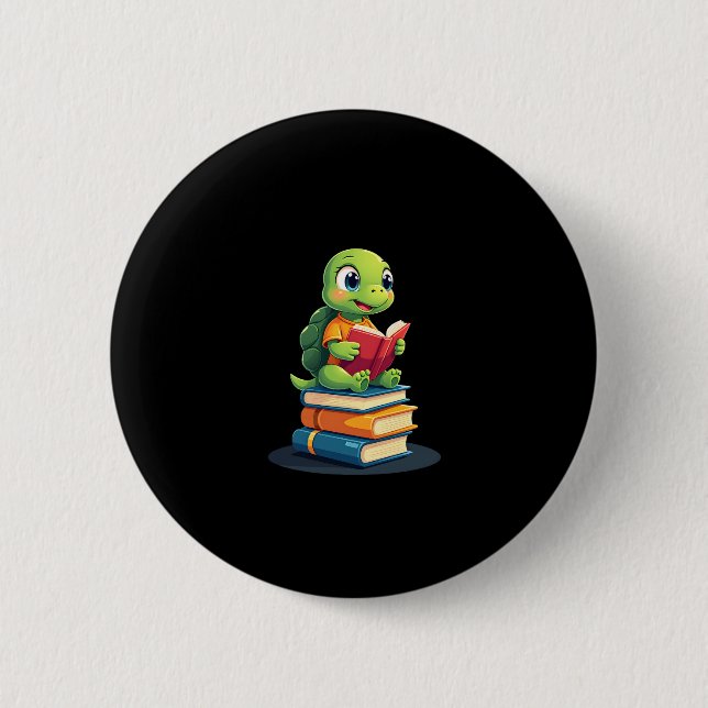 Adorable Turtle Reading Books (1) 6 Cm Round Badge (Front)