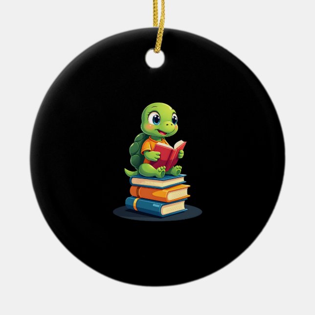Adorable Turtle Reading Books (1) Ceramic Tree Decoration (Front)