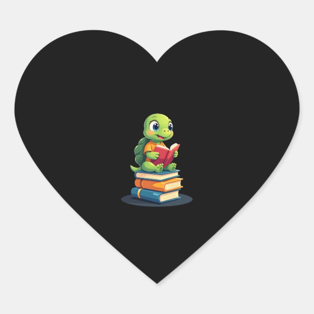 Adorable Turtle Reading Books (1) Heart Sticker (Front)