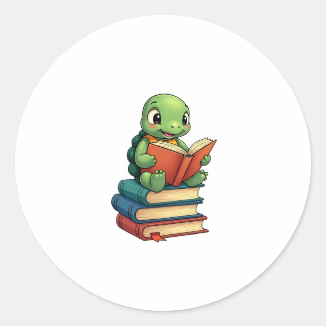 Adorable Turtle Reading Books (3) Classic Round Sticker (Front)