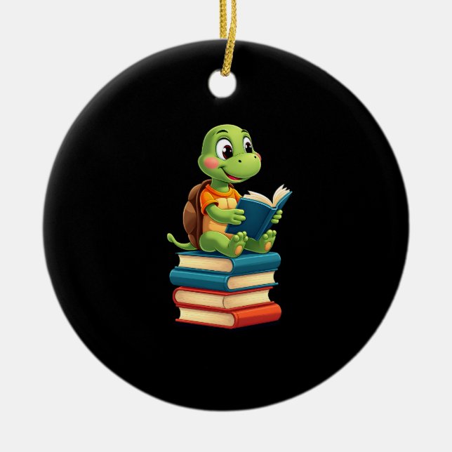 Adorable Turtle Reading Books (4) Ceramic Tree Decoration (Front)