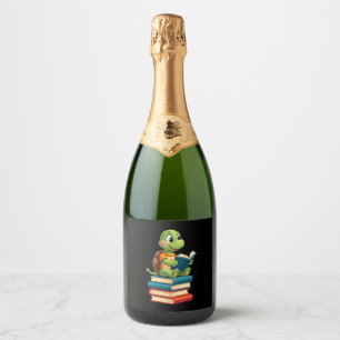 Adorable Turtle Reading Books (4) Sparkling Wine Label