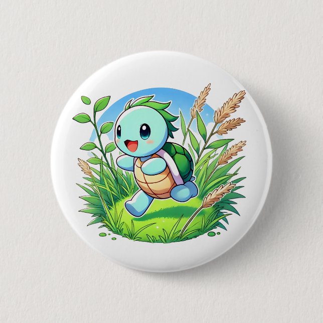 Adorable turtle running through a field 6 cm round badge (Front)