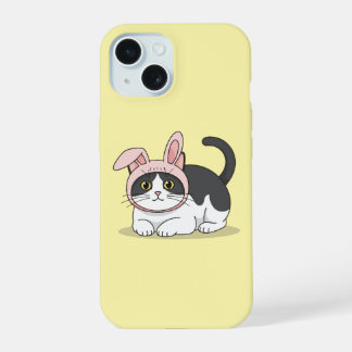 Adorable Tuxedo Cat in Pink Bunny Hat Aesthetic iPhone 15 Case