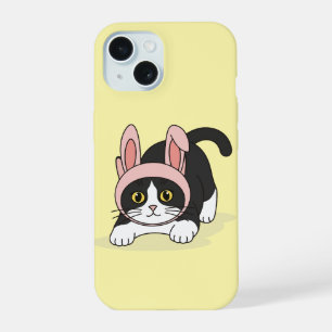 Adorable Tuxedo Cat in Pink Bunny Hat Aesthetic iPhone 15 Case