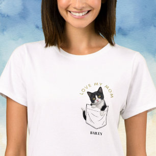 Adorable Tuxedo Cat in Pocket Personalised Name T-Shirt