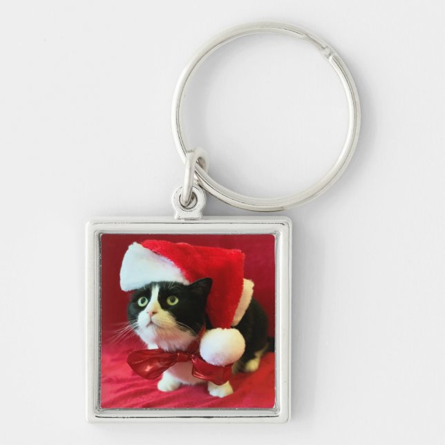 Adorable Tuxedo Cat in Santa Hat Key Ring (Front)