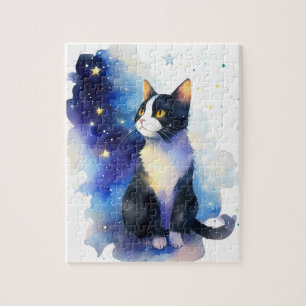Adorable Tuxedo Cat Watercolor Illustration Jigsaw Puzzle