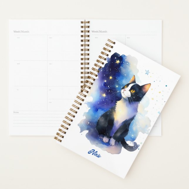 Adorable Tuxedo Cat Watercolor Illustration Planner (Display)