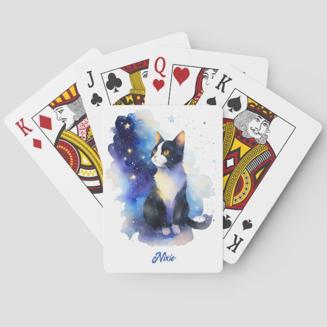 Adorable Tuxedo Cat Watercolor Illustration Playing Cards (Back)