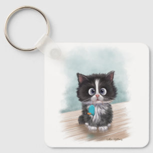 Adorable Tuxedo Kitten Cartoon Key Ring