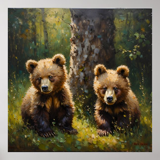 Adorable Twin Bear Cubs in a Sunlit Forest Clearin Poster